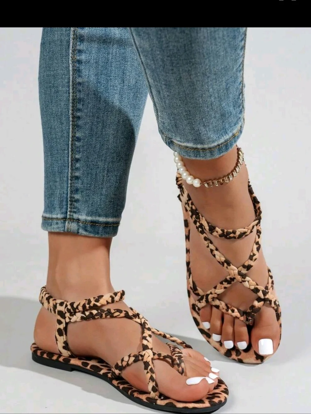 Leopard Print Strappy Flat Sandals - Tan/Black - Picture 2 of 6